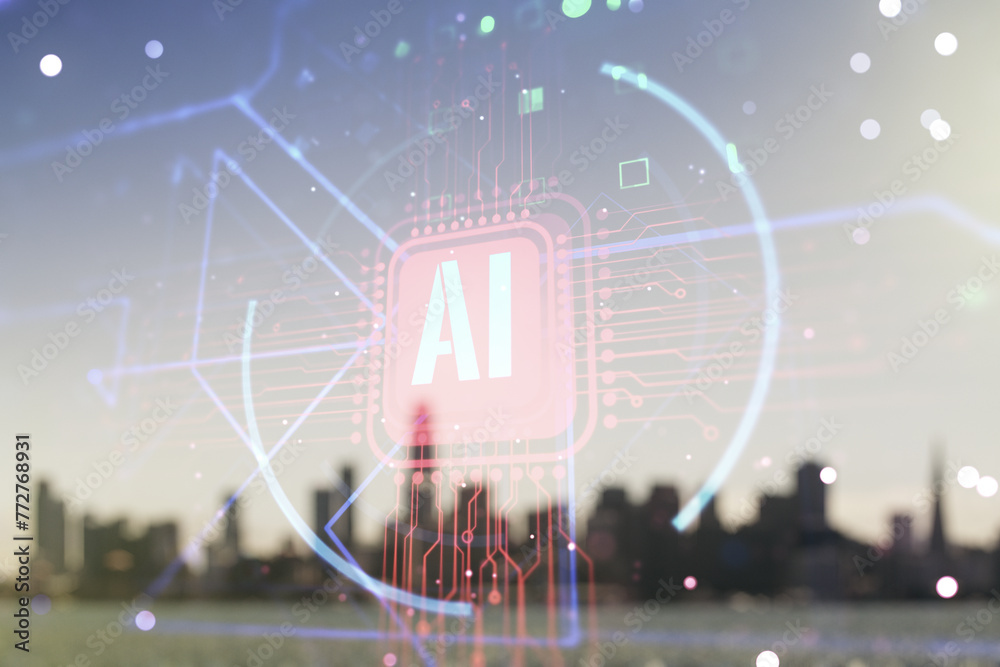 Aufkleber double exposure of creative artificial intelligence abbreviation hologram on blurry office buildings