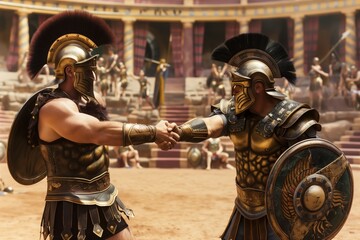 two gladiators shaking hands in the arena, respect between warriors