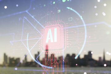Double exposure of creative artificial Intelligence abbreviation hologram on blurry office buildings background. Future technology and AI concept - obrazy, fototapety, plakaty