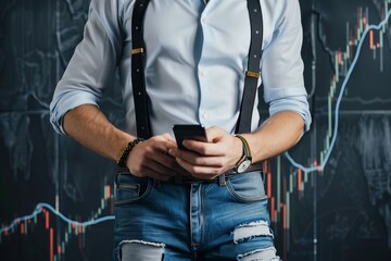 businessman in suspenders and rolled jeans checking stocks on his phone - obrazy, fototapety, plakaty
