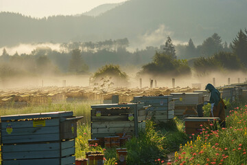 Fototapeta na wymiar Early morning at the honey farm, with beekeepers preparing their gear amidst a misty backdrop of beehives lined up in a field