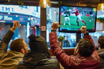 group watching rugby on pubs tv, cheering