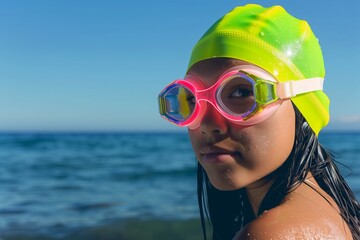 girl in neon swim cap and goggles ready for a swim race at the sea