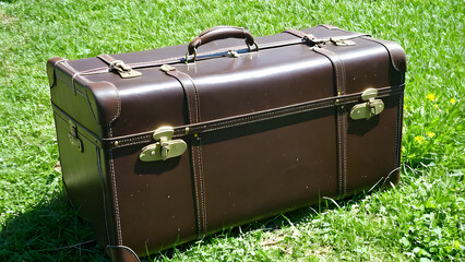 Suitcase on the grass, vintage designed travel case, AI generated