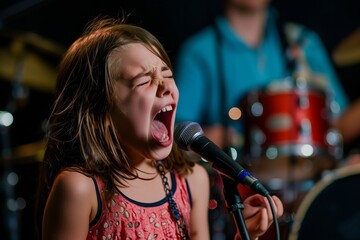 young girl belting out lyrics, band supporting