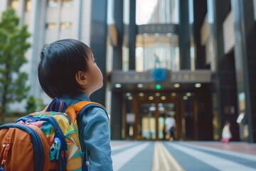 child with backpack looking up at a towering school entrance