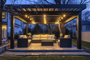 modern pergola with led lights and outdoor sofas - obrazy, fototapety, plakaty