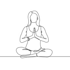 Woman Yoga Continuous One Line Drawing. Woman Meditation Silhouette Line Drawing. Lotus Pose  Concept for Modern Minimal Design. Relaxation One Line Illustration. Vector EPS 10