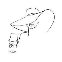 Elegant Woman with Wine Glass Continuous One Line Drawing. Woman with Wine Minimalist Illustration. Female Minimal Sketch Drawing. Abstract Single Line, Home Decor, Wall Art. Vector EPS 10