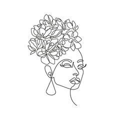Woman Head with Flowers Line Art Vector Drawing. Style Template with Abstract Female Face. Woman Silhouette in Modern Minimalist Simple Linear Style for Beauty and Fashion Design