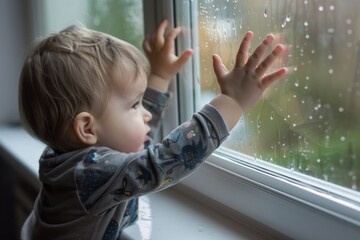 child on a windowsill, hands pressed against the glass, gazing outside