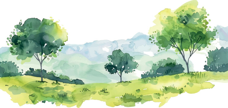 background watercolor painting landscape mountains trees