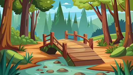 cartoon-of-the-small-wooden-bridge-in-the-woods background 