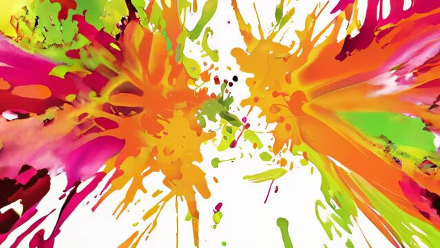 An abstract image of vibrant watercolor paint in various colors such as bright yellow, orange, red, pink, and green splattering and dripping against a white background. 