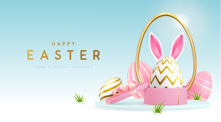 Happy Easter holiday background with gift box and Easter egg with rabbit ears. Vector illustration - 772770531