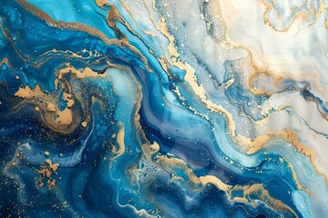 Blue Marble abstract acrylic background. Marbling artwork texture. Agate ripple pattern. Gold...