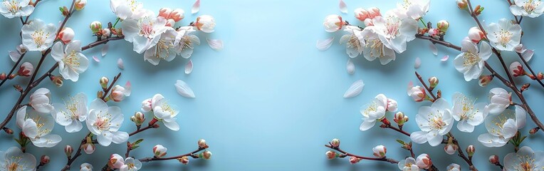 Springtime Delight: Top View Frame of Blossoming Petals on Turquoise Background, Perfect Nature Backdrop for Spring Concept