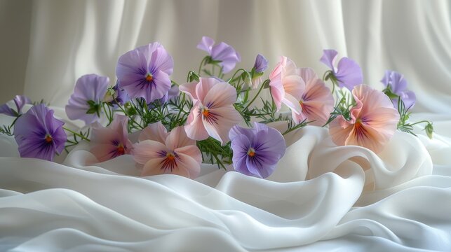   Close-up photo of blooms on white fabric against white backdrop and curtain