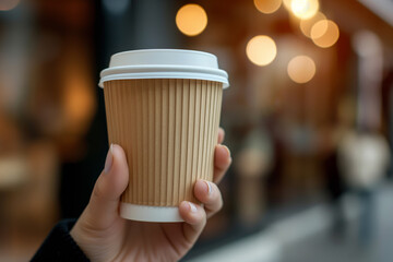 Hand Holding a Takeaway Coffee Cup. Urban Coffee Break: Close-Up of Disposable Cup in Hand