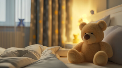 Cozy Bedroom Interior with Plush Teddy Bear and Warm Light. Warm and Inviting Traditional Bedroom Design with Stuffed Toy Accent