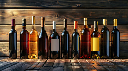 Row of Wine Bottles Against Wooden Wall - obrazy, fototapety, plakaty