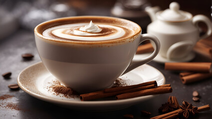 A steaming cup of freshly brewed coffee, with a swirl of cream and a sprinkle of cinnamon
