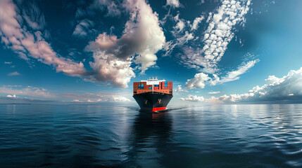 A large cargo ship loaded with containers sailing across the vast ocean under the clear sky