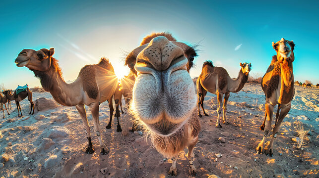A group of camels trekking through a sandy field under the bright sun