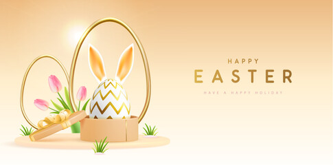 Happy Easter holiday background with gift box and Easter egg with rabbit ears. Vector illustration - 772771116