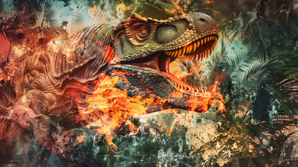 A large dinosaur is positioned in the center of a ring of intense flames, creating a striking and...