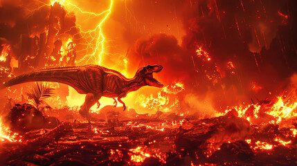 A large dinosaur is seen walking through a forest engulfed in flames, depicting a scene of...