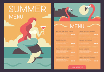 Retro summer restaurant menu design with mermaid and cocktail glass. Vector illustration - 772771380