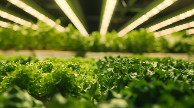 Row of Lettuce Growing in a Greenhouse
