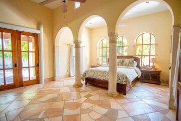 bedroom with tall arches, ceramic floor tiles, and a ceiling fan
