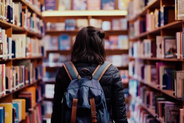 person with backpack browsing bookshelves, background out of focus