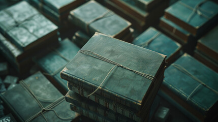 Close-up of antique leather-bound books neatly piled, portraying a classic and timeless atmosphere ideal for literary and history themes