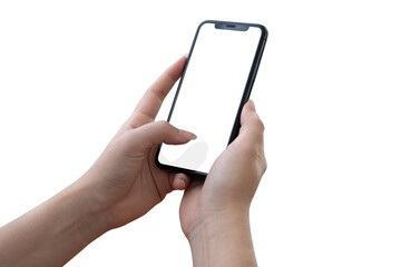 Closeup studio shot, collection of hand holding phone blank touch screen. isolated on white background. Business hand holding a modern smartphone. clipping path