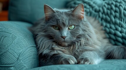   Close-up of a feline lounging on a couch, with a blue chair visible both in the backdrop and the foreground