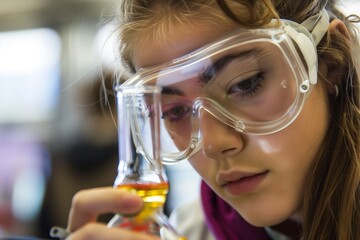 student with safety goggles examining chemical reaction in flask