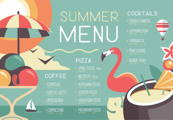 Retro summer restaurant menu design with flamingo, ice cream and pina colada cocktail. Vector illustration - obrazy, fototapety, plakaty