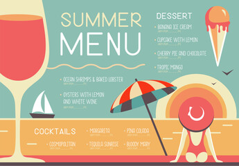 Retro summer restaurant menu design with wine glass, beach umbrella, ice cream and woman in hat. Vector illustration - obrazy, fototapety, plakaty