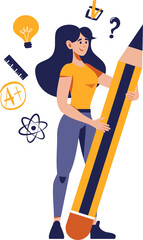 Woman with huge pencil and educational icons. Flat style illustration. Education, knowledge, studying concept.