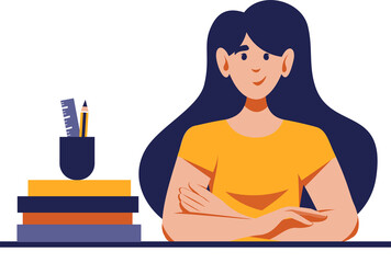 Girl sitting at desk with books and school supplies. Education, bookstore, knowledge, student concept.