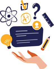 Hand with speech bubble and educational icons. Flat style vector illustration. Education, knowledge, studying concept.