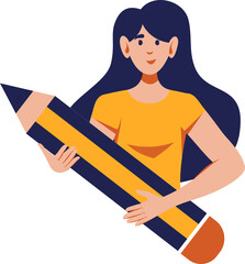Woman with huge pencil in her hands. Flat style illustration. Education, knowledge, studying concept.