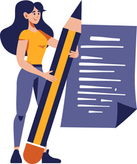 Woman with huge pencil and written sheet. Flat style illustration. Education, knowledge, studying concept.