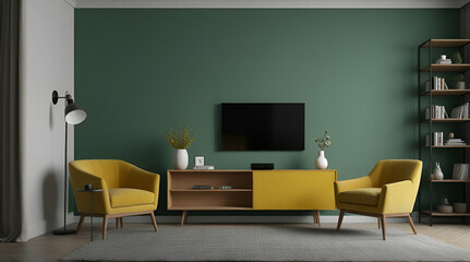 Mockup a TV wall mounted on green cabinet with yellow armchair in living room with a white wall. Generative.AI