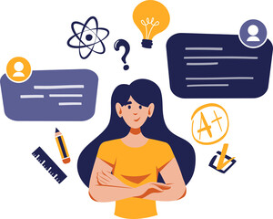 Woman with speech bubbles and educational icons. Education, knowledge, studying concept.