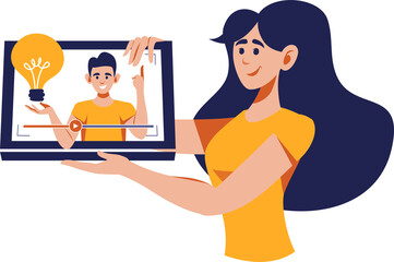 Woman with laptop watching video tutorial, webinar.  Online education, e-learning, distance working, online training, online courses concept.