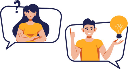 Speech bubbles with people. Woman with question icon and man with bulb icon. Decision, support, problem solution, idea, communication concept.